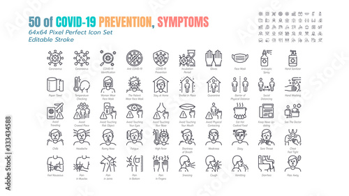 Simple Set of Covid-19 Prevention Line Outline Icons. such Icons as Protective Measures, Coronavirus, Social Distancing, Symptoms, Quarantine, Stay at Home. 64x64 Pixel Perfect. Editable Stroke.