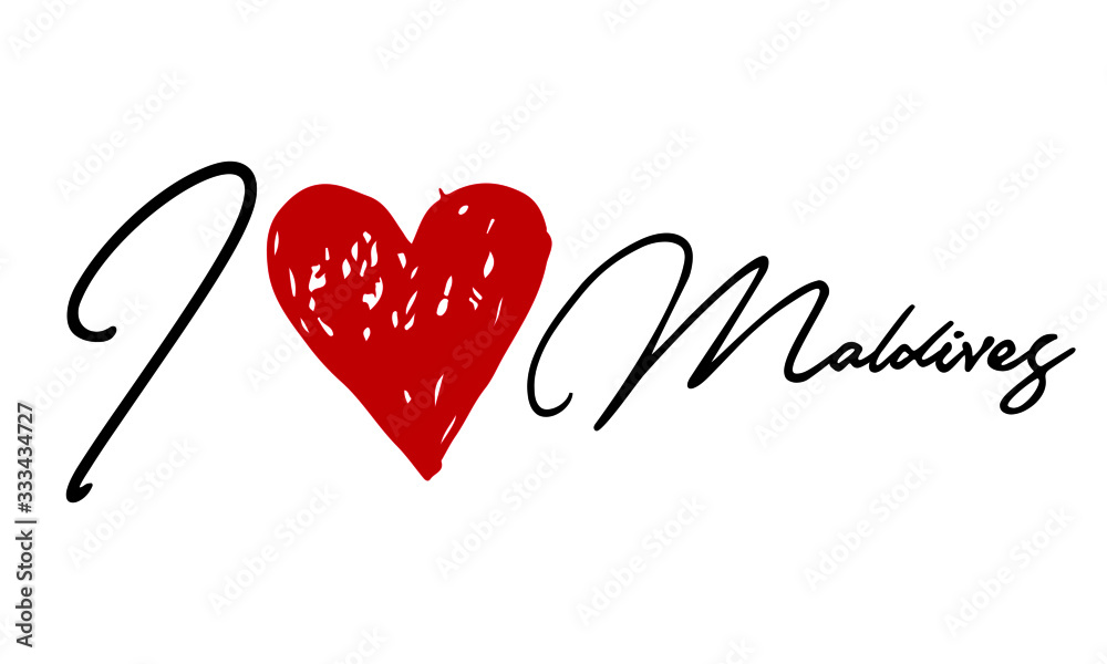 I love Maldives Red Heart and Creative Cursive handwritten lettering on white background.