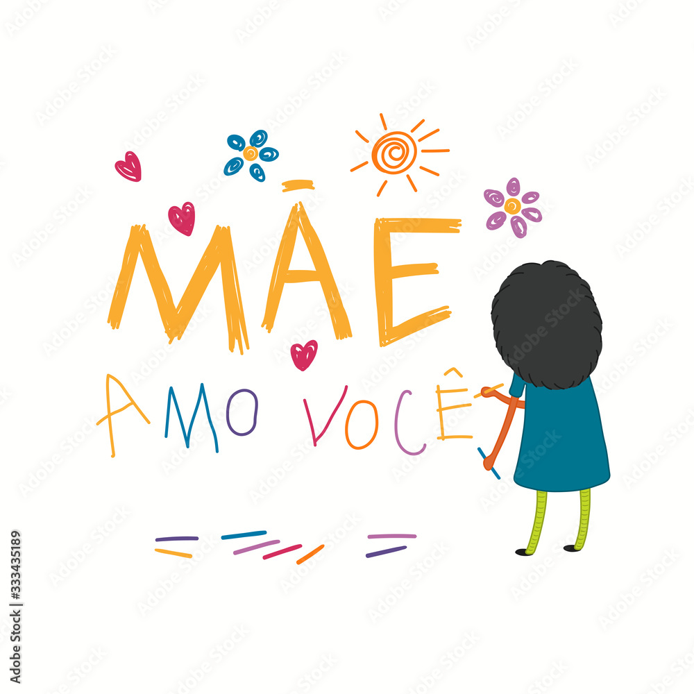 Mothers Day card, banner with cute cartoon girl drawing with crayons, Portuguese text Mae amo voce, I love you Mom. Isolated on white. Hand drawn vector illustration. Design concept for holiday print. Mothers Day card, banner with cute cartoon girl drawing with crayons, Portuguese text Mae amo voce, I love you Mom. Isolated on white. Hand drawn vector illustration. Design concept for holiday print.
