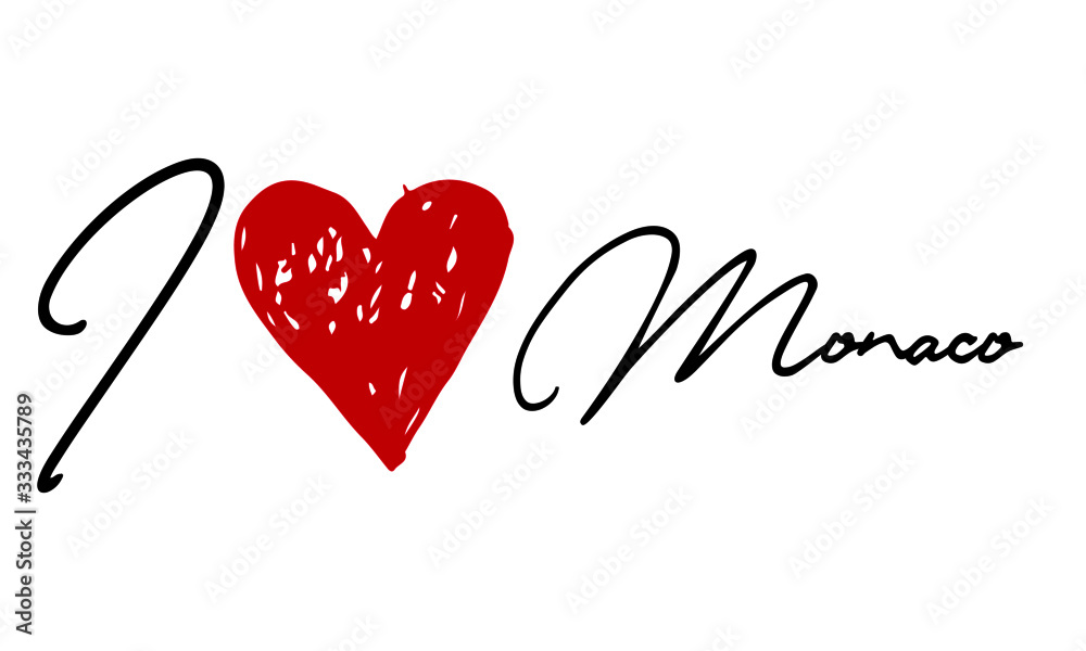 I love Monaco Red Heart and Creative Cursive handwritten lettering on white background.