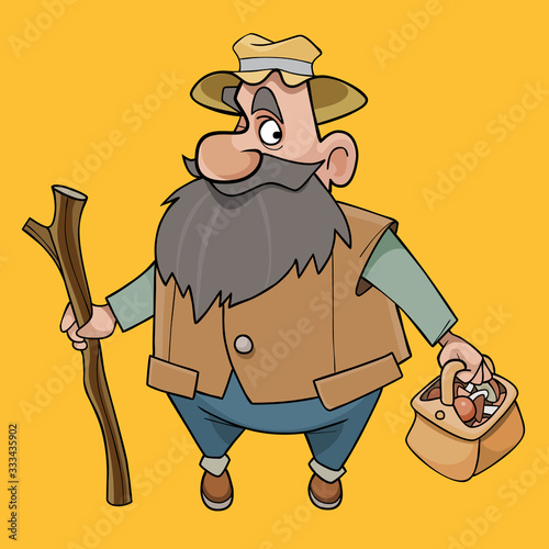 cartoon bearded man with a basket of mushrooms and a staff