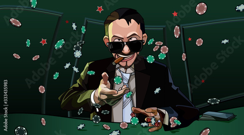 cartoon man throws chips while sitting at a table in a casino photo