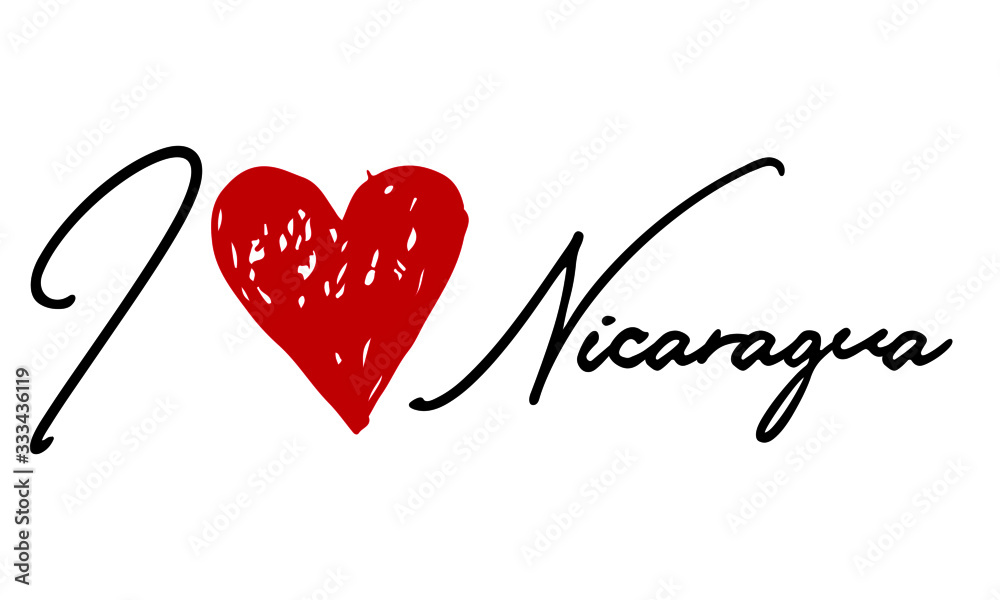 I love Nicaragua Red Heart and Creative Cursive handwritten lettering on white background.