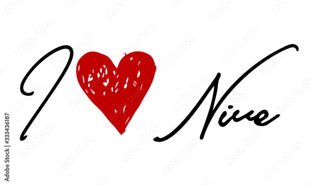 I love Niue Red Heart and Creative Cursive handwritten lettering on white background.