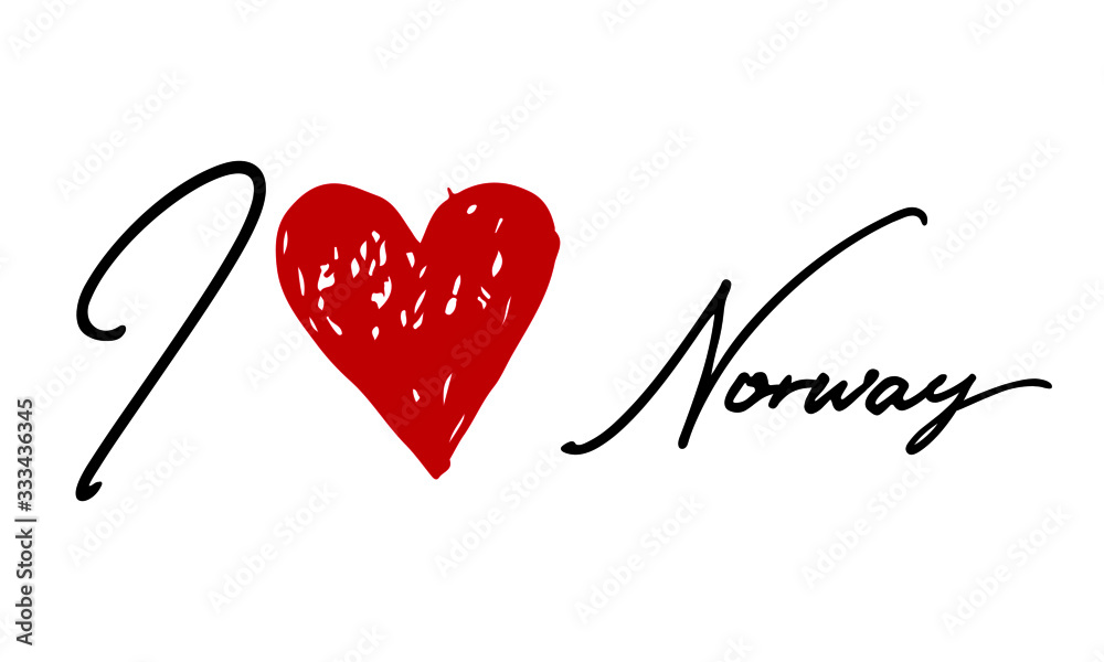 I love Norway Red Heart and Creative Cursive handwritten lettering on white background.