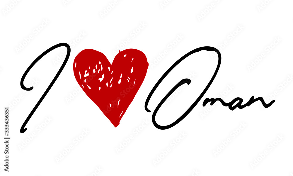 I love Oman Red Heart and Creative Cursive handwritten lettering on white background. I love Oman Red Heart and Creative Cursive handwritten lettering on white background.