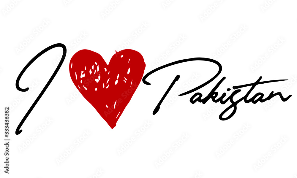 I love Pakistan Red Heart and Creative Cursive handwritten lettering on white background.