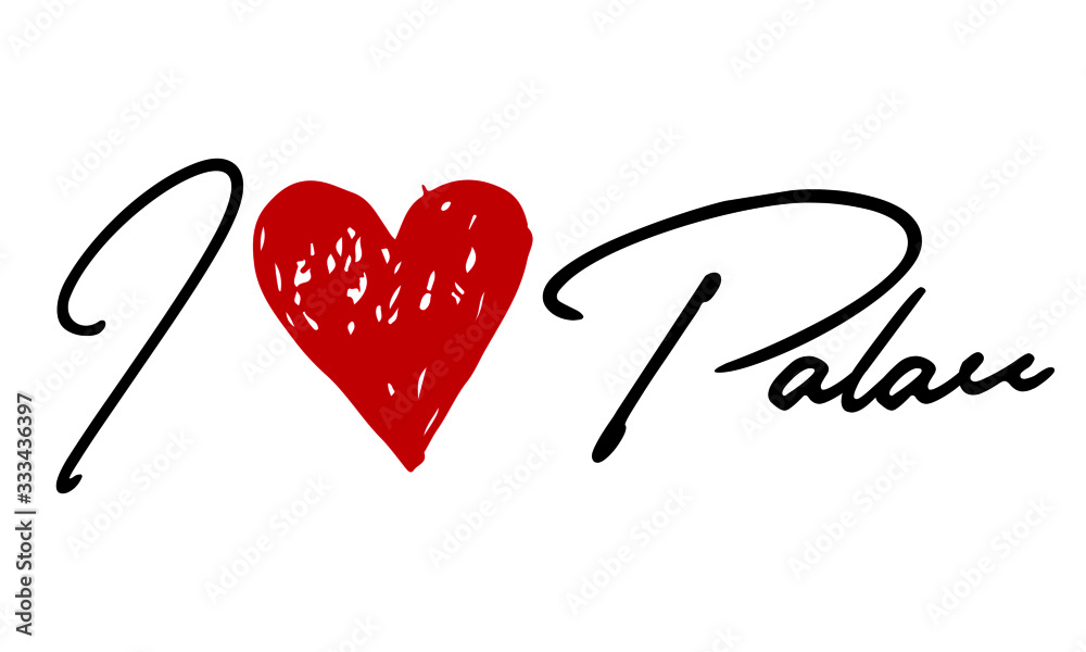 I love Palau Red Heart and Creative Cursive handwritten lettering on white background.
