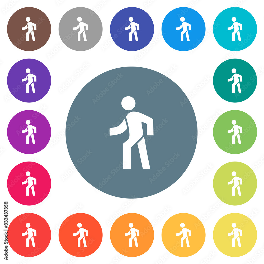 Man walking left flat white icons on round color backgrounds Man walking left flat white icons on round color backgrounds