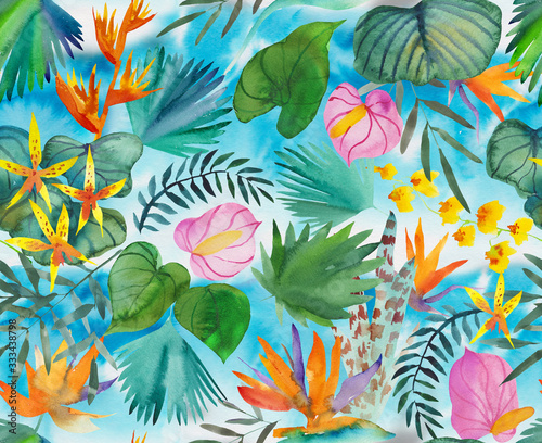 Fototapeta Naklejka Na Ścianę i Meble -  Tropical seamless pattern with tropical flowers, banana leaves.  Round palm leaves, watercolor painted 