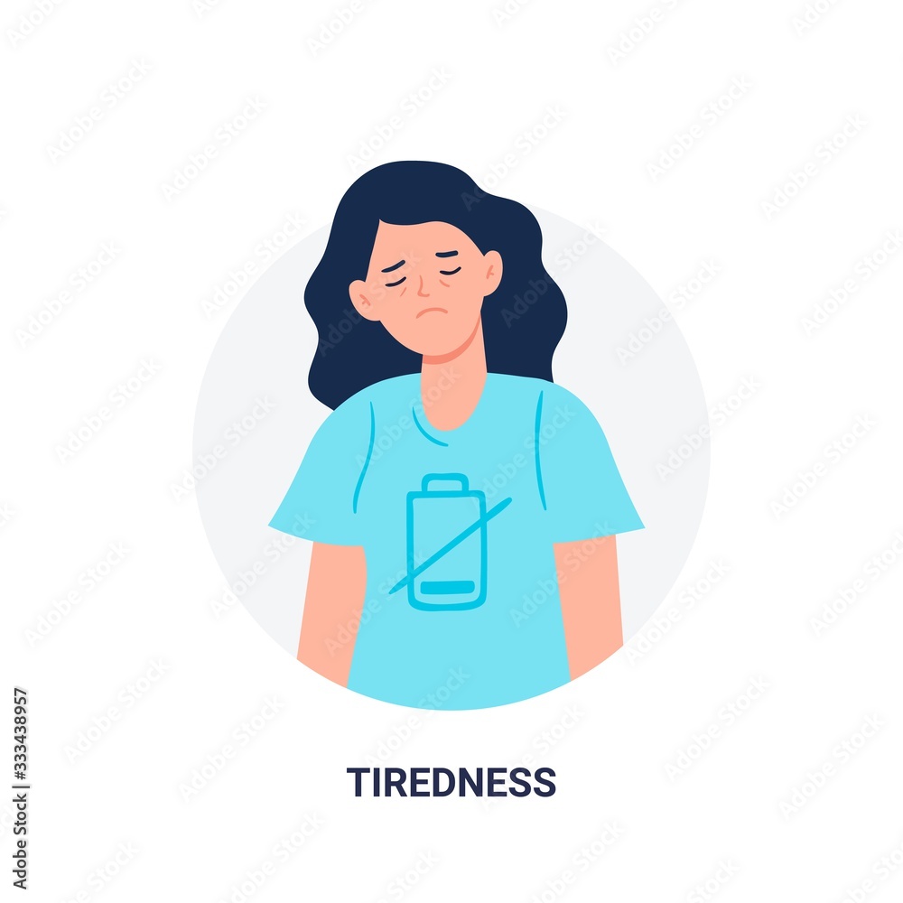 Woman with disease symptom - tiredness. Influenza illness signs. Flat cartoon vector illustration isolated on white background. Woman with disease symptom - tiredness. Influenza illness signs. Flat cartoon vector illustration isolated on white background.