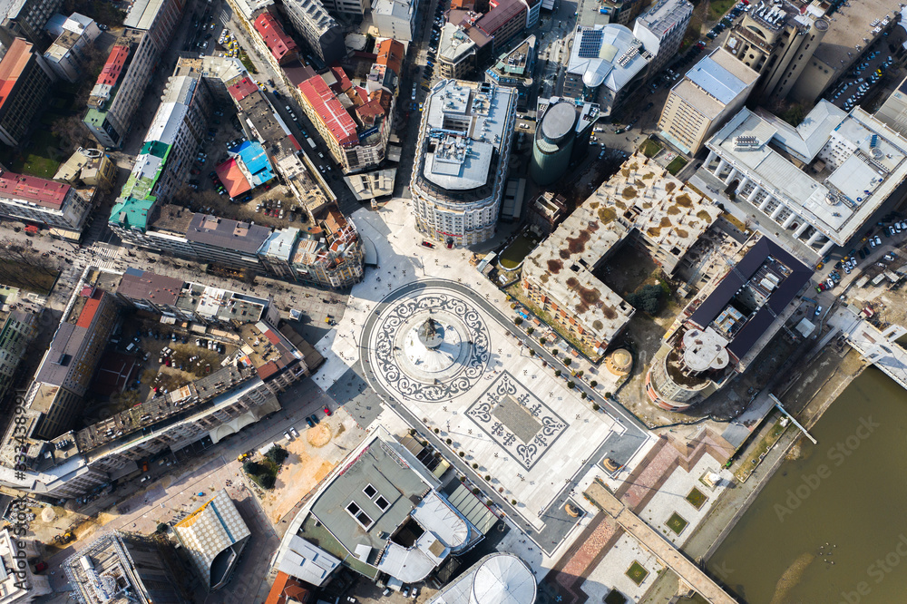 Alexander the Great Monument in Skopje - Macedonia. View down, aerial view