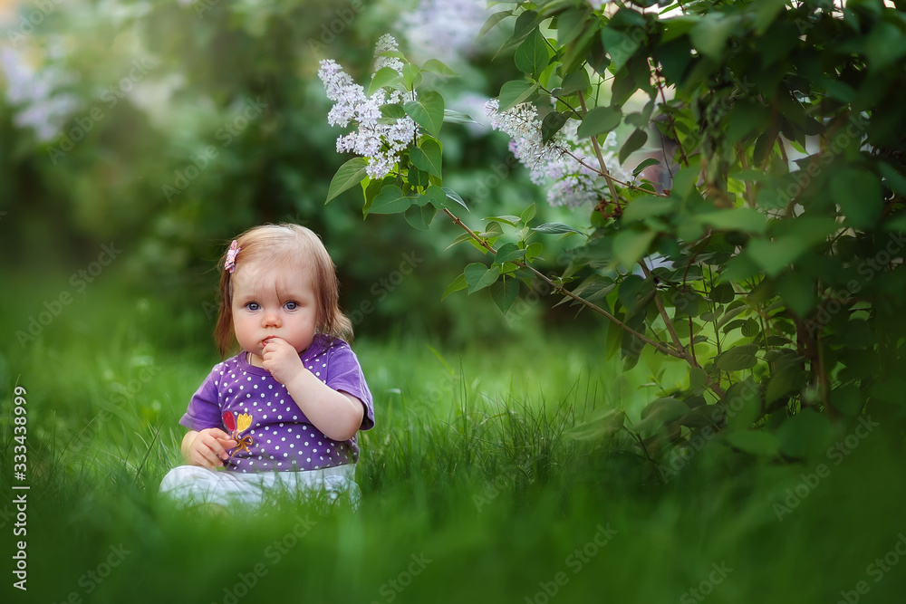 little girl crawling sitting in the grass at the lilac Bush, spring has come, cute baby, may, flowering little girl crawling sitting in the grass at the lilac Bush, spring has come, cute baby, may, flowering