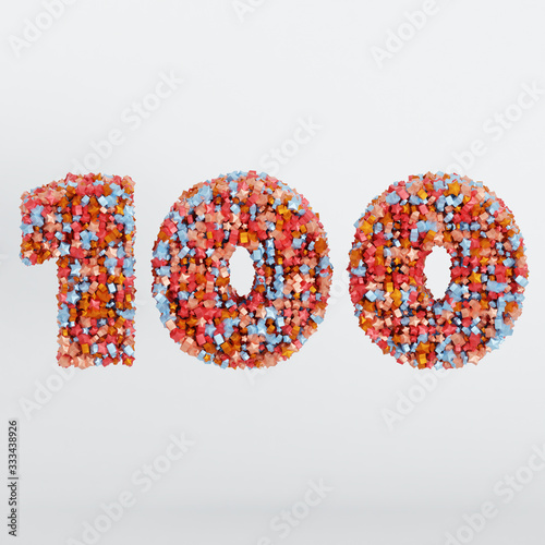 Number 100 3D Text Illustration, Digits With Pink And Sky Colors Stars, 3D Render In 4K Resolution, Isolated On White Background, With Shadow ..