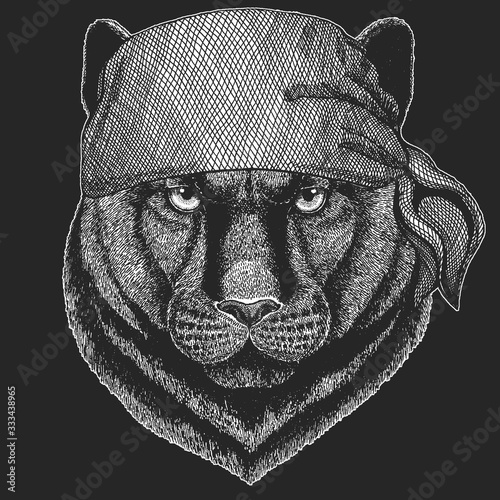 Black panther, puma. Bandana. Biker, pirate. Head of animal. Wild cat portrait.