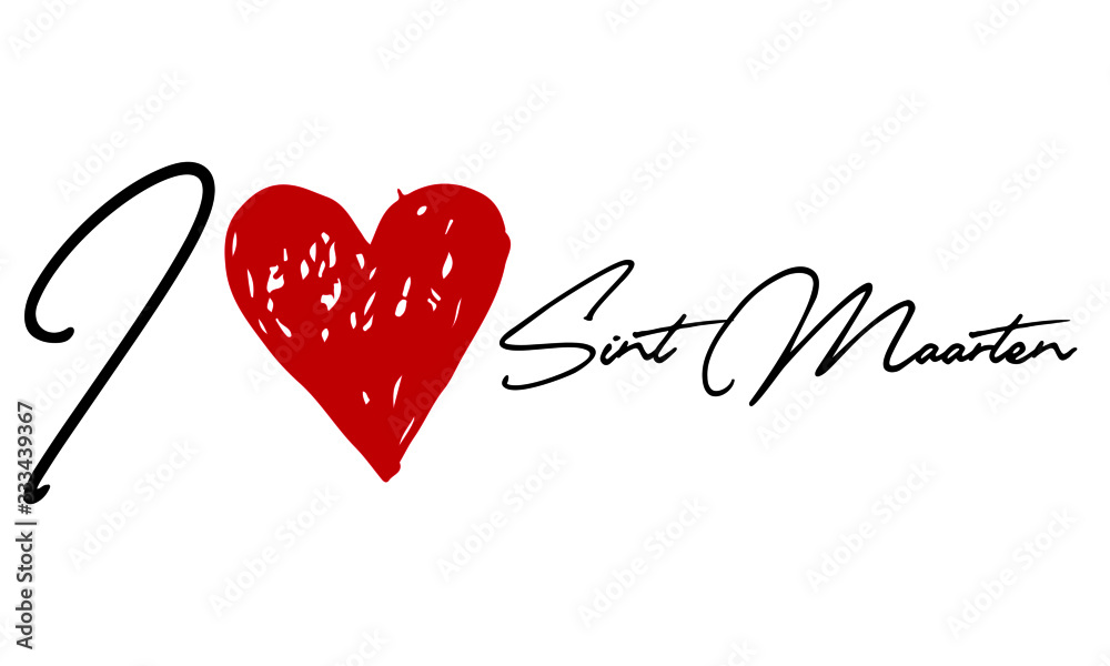 I love Sint Maarten Red Heart and Creative Cursive handwritten lettering on white background.