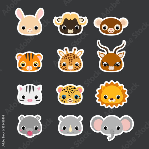 Stickers set of cute african animal heads. Flat vector stock illustration