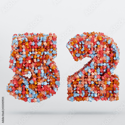 Number 52 3D Text Illustration, Digits With Pink And Sky Colors Stars, 3D Render In 4K Resolution, Isolated On White Background, With Shadow ..