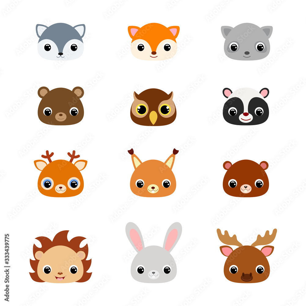 Cute forest animal heads. Flat vector stock illustration