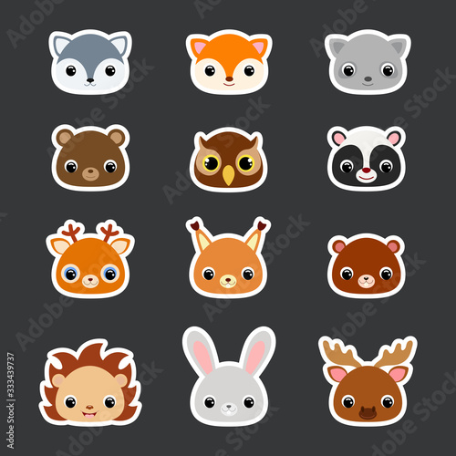 Stickers set of cute forest animal heads. Flat vector stock illustration