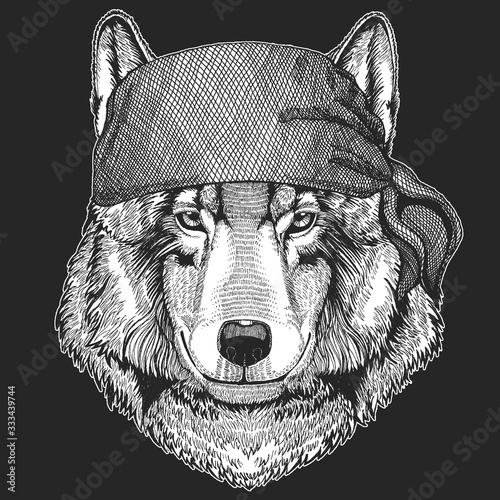 Wolf portrait. Bandana. Biker, pirate. Head of wild animal.