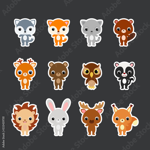 Set of children's forest animal stickers. Flat vector stock illustration