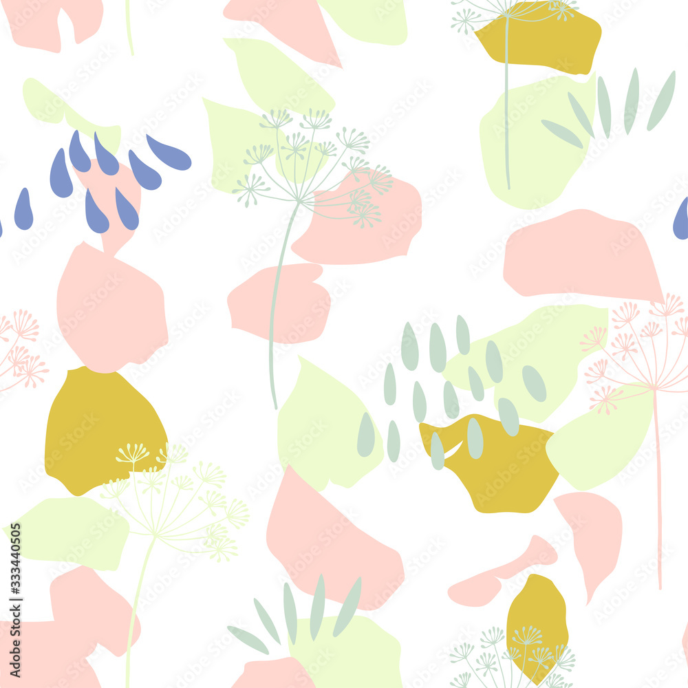 Vector organic floral seamless abstract background, botanical motif, freehand doodles pattern. Hand drawn fennel or dill flowers and abstract leaves outlines in pastel colors. Vector organic floral seamless abstract background, botanical motif, freehand doodles pattern. Hand drawn fennel or dill flowers and abstract leaves outlines in pastel colors.