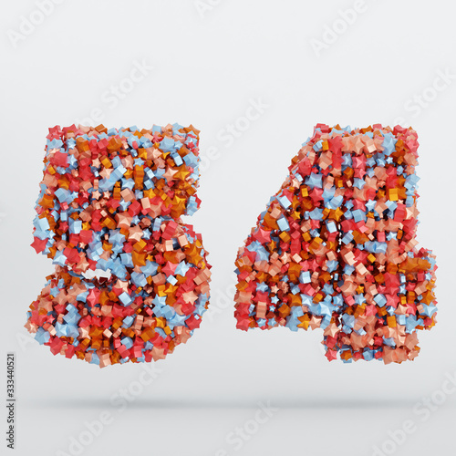 Number 54 3D Text Illustration, Digits With Pink And Sky Colors Stars, 3D Render In 4K Resolution, Isolated On White Background, With Shadow ..