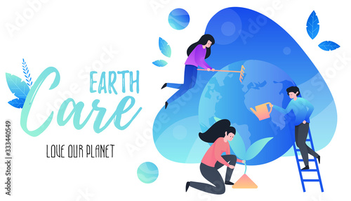 People care about Earth. Happy Earth day. Love our planet. Save the planet. Vector flat concept