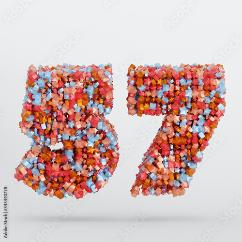 Number 57 3D Text Illustration, Digits With Pink And Sky Colors Stars, 3D Render In 4K Resolution, Isolated On White Background, With Shadow ..