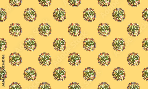 hand drawn watercolor and marker fast-food with Sushi, Pizza pieces seamless pattern with ingridients