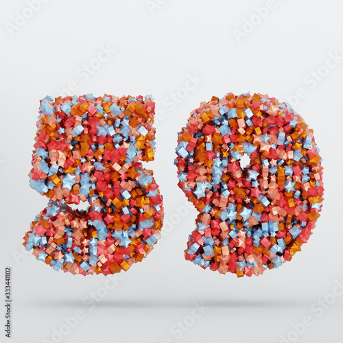 Number 59 3D Text Illustration, Digits With Pink And Sky Colors Stars, 3D Render In 4K Resolution, Isolated On White Background, With Shadow ..