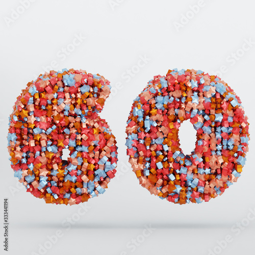 Number 60 3D Text Illustration, Digits With Pink And Sky Colors Stars, 3D Render In 4K Resolution, Isolated On White Background, With Shadow ..