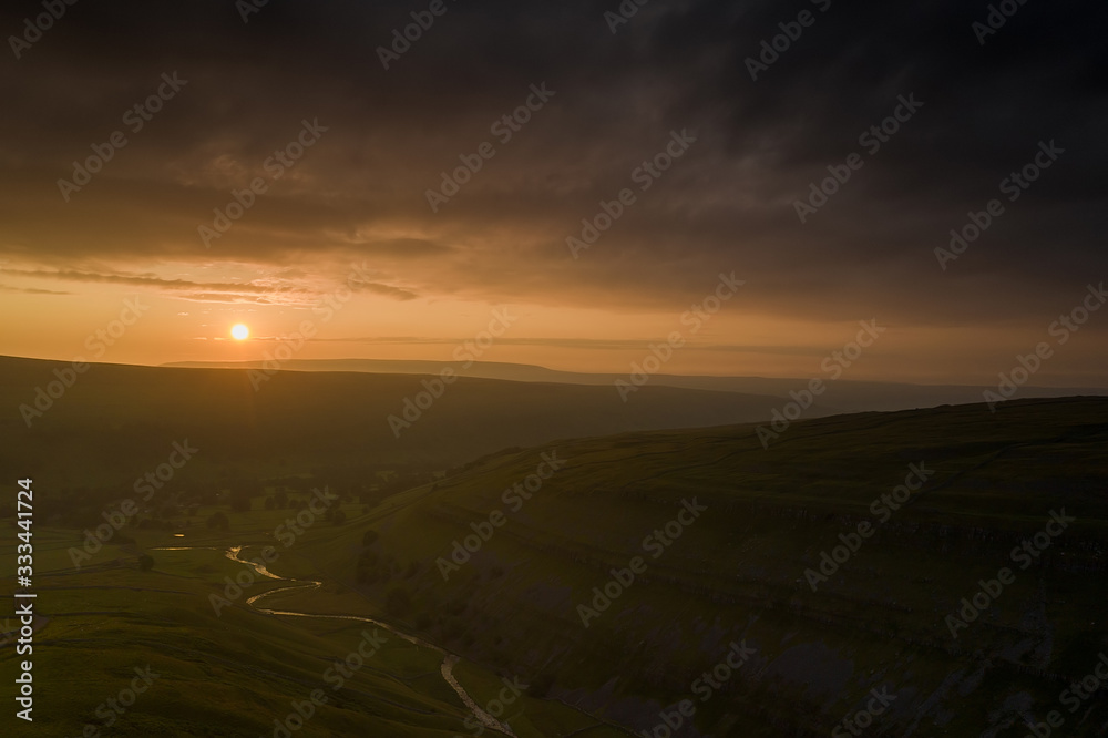 Sunrise over yorkshire dales valley near Arncliffe, Littondale, 