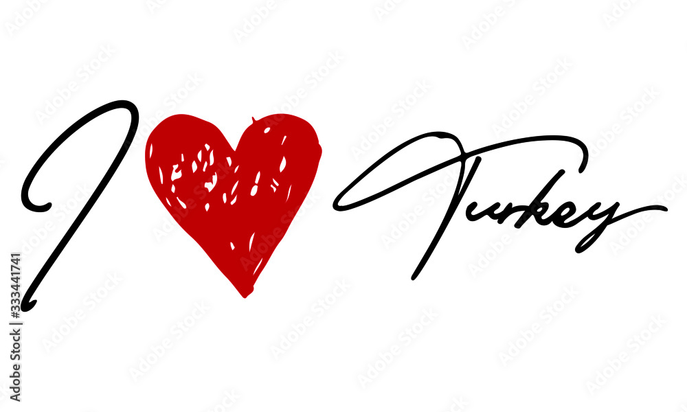 I love Turkey Red Heart and Creative Cursive handwritten lettering on white background.