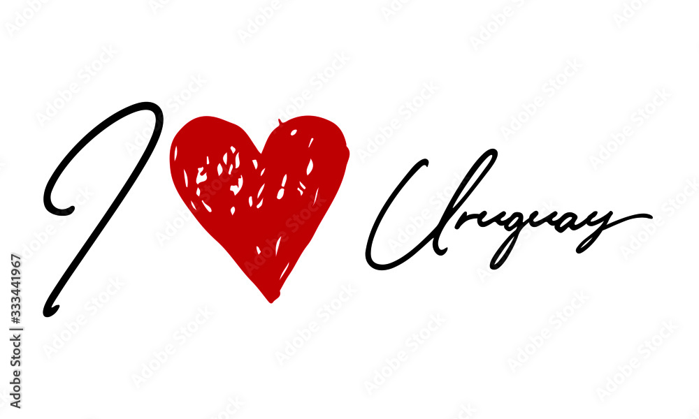 I love Uruguay Red Heart and Creative Cursive handwritten lettering on white background.