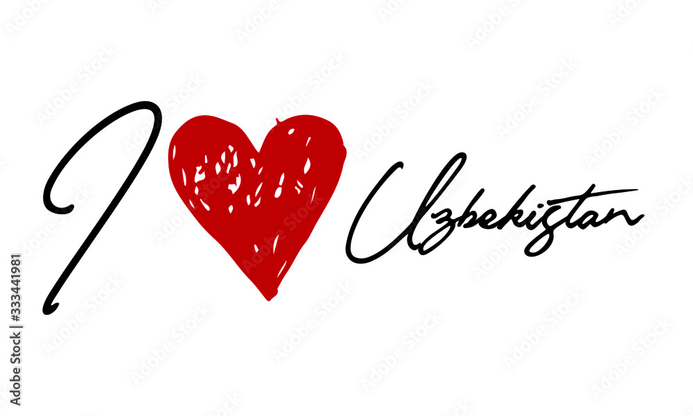 I love Uzbekistan Red Heart and Creative Cursive handwritten lettering on white background.