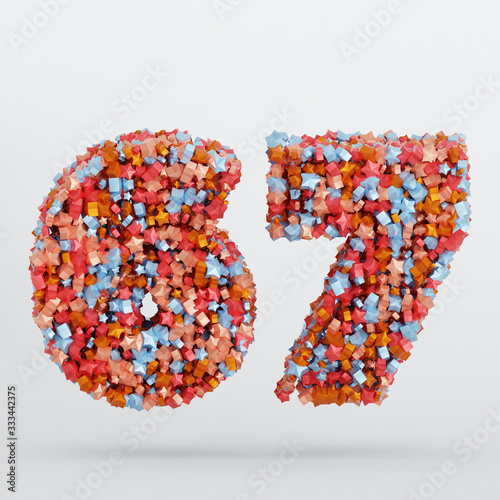 Number 67 3D Text Illustration, Digits With Pink And Sky Colors Stars, 3D Render In 4K Resolution, Isolated On White Background, With Shadow ..