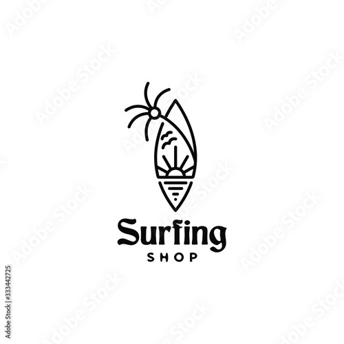 surfing emblem logo icon tropical surf shop with beach sun and coconut palm tree illustration in trendy linear line style 