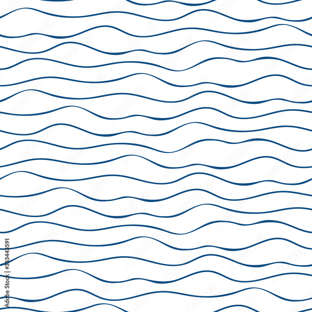 Vector abstract hand drawn navy blue doodle ocean waves. Seamless geometric pattern on white background. Abstract linear backdrop. Great for marine, nautical themed products, seaside vacation concept.