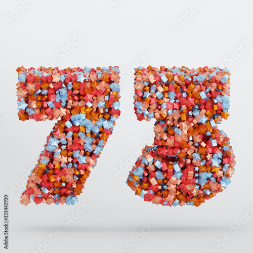 Number 73 3D Text Illustration, Digits With Pink And Sky Colors Stars, 3D Render In 4K Resolution, Isolated On White Background, With Shadow ..