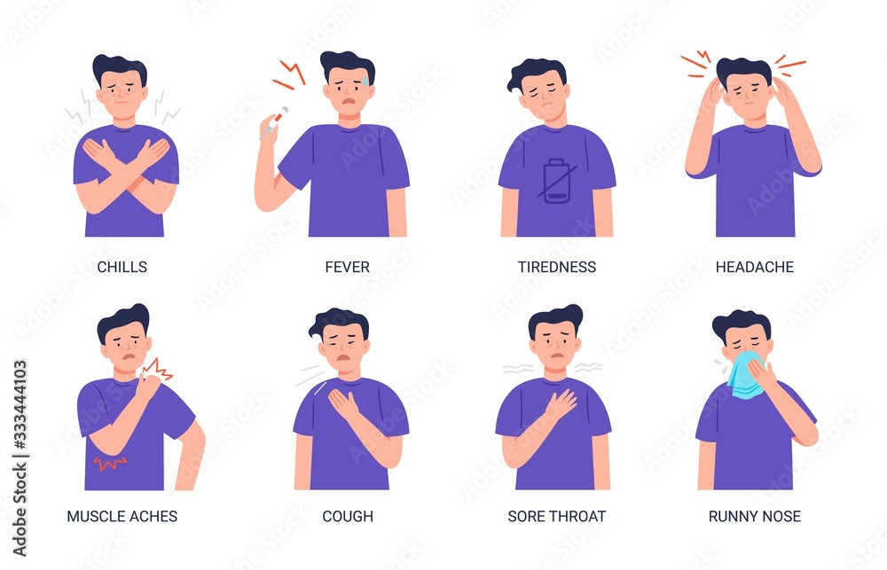 Vector illustrations of a man suffering from symptoms of the cold and