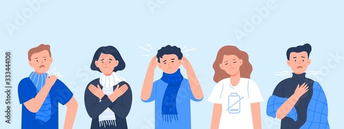 Vector illustration of people suffering from various symptoms of the common cold and flu. Characters with symptoms; headache, chills, muscle aches, tiredness, and cough.