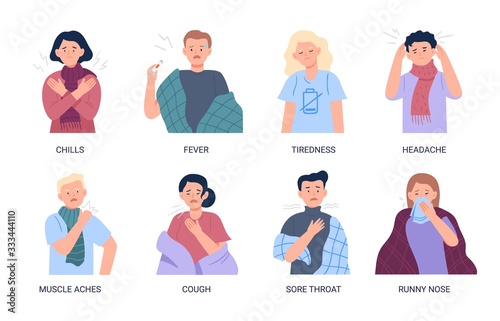 Vector illustrations of people suffering from symptoms of the cold and flu. Symptoms: chills, fever, tiredness, headaches, muscle aches, cough, sore throat, runny nose isolated on white background.