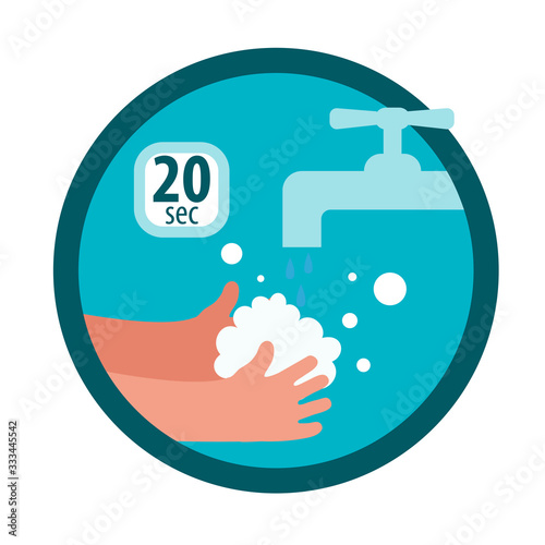 Hands with soap under the faucet. Wash your hands thoroughly with soap for at least 20 seconds. Cartoon flat icon or sticker for infographic. Isolated on a white background.