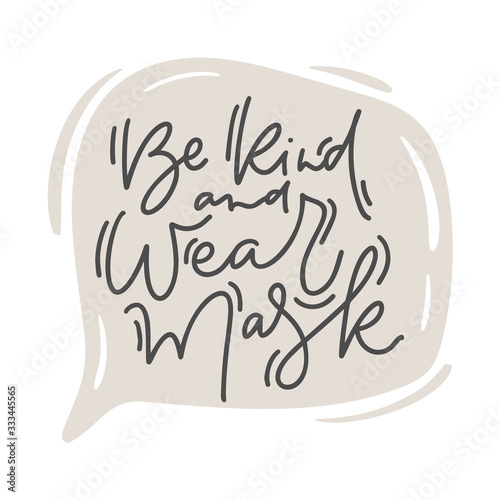 Coronavirus Covid-19, quarantine motivational poster. Vector Sticker logo in speech bubble. Be Kind and Wear mask calligraphy lettering text icon. Personal hygiene and disinfection notice illustration