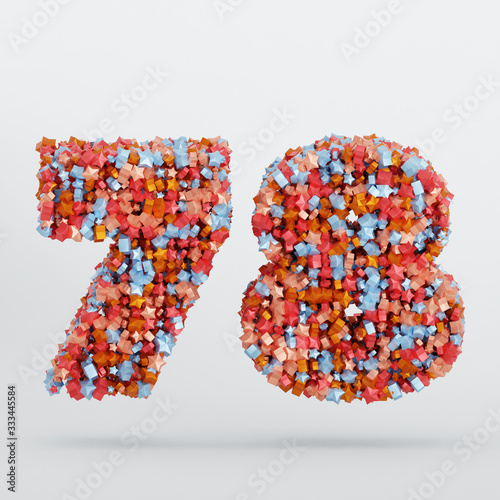 Number 78 3D Text Illustration, Digits With Pink And Sky Colors Stars, 3D Render In 4K Resolution, Isolated On White Background, With Shadow ..