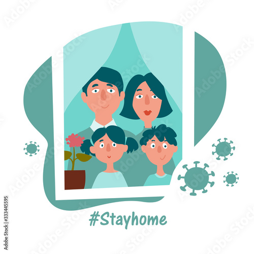 The family outside the window - mom, dad and children (man and woman, girl and boy). Stay home during quarantine coronovirus covid-19. Flat cartoon illustration isolated on white background.