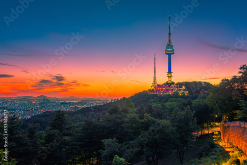 Photography Twilight Seoul Tower in Spring at south korea.