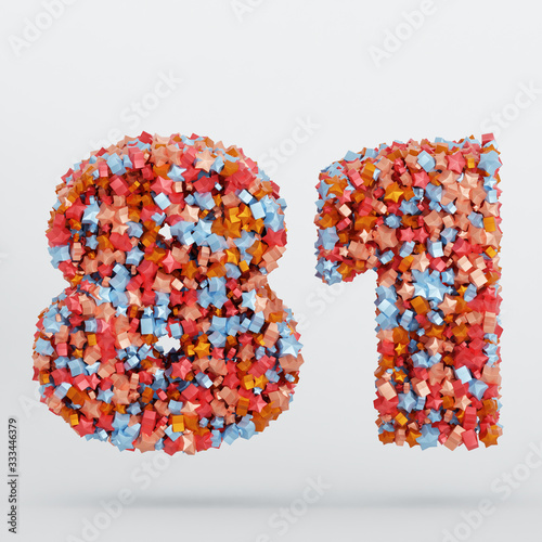 Number 81 3D Text Illustration, Digits With Pink And Sky Colors Stars, 3D Render In 4K Resolution, Isolated On White Background, With Shadow ..